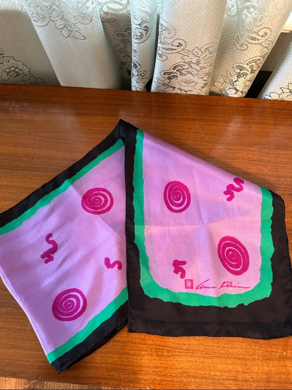 Vintage 80s Anne Klein Purple, Pink, Green & Black Swirl Pattern‎ Silk Scarf